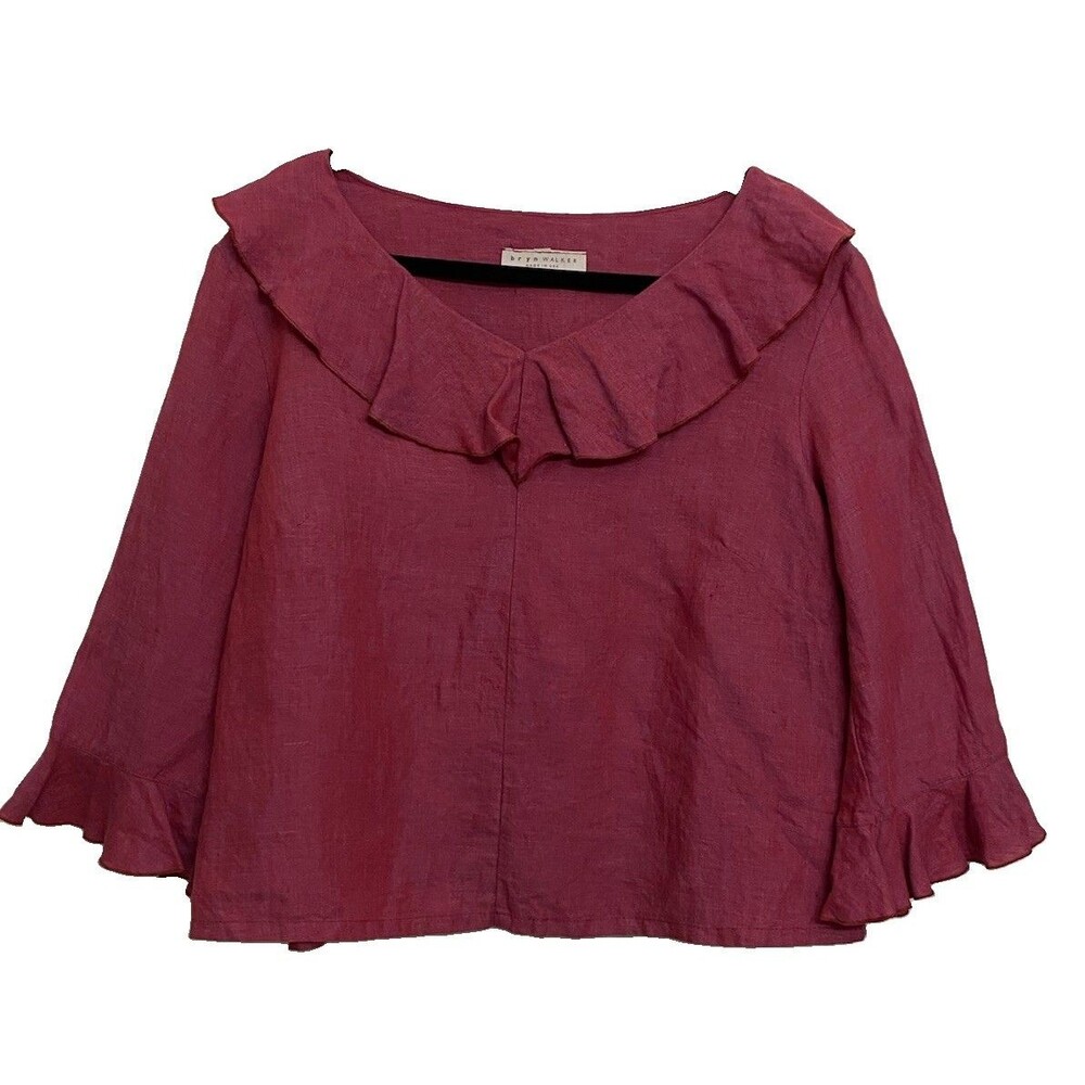 Bryn Walker 100% Linen Ruffle Blouse Top Sz L Red Lagenlook Minimalist USA Made
